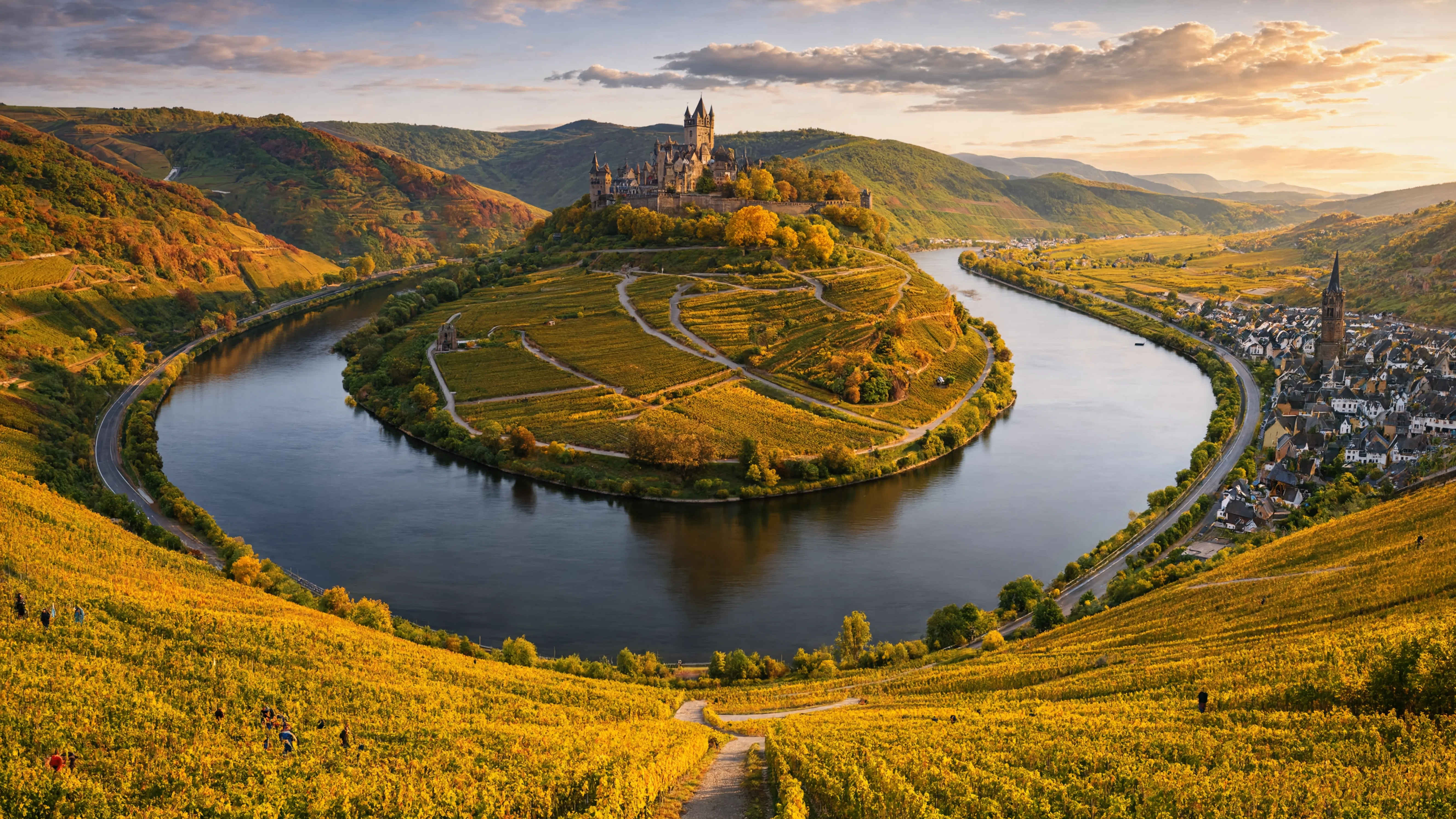 Weinberge an der Mosel mit historischen Weinstädtchen — terrassierte Lagen und Flussblick im goldenen Herbst